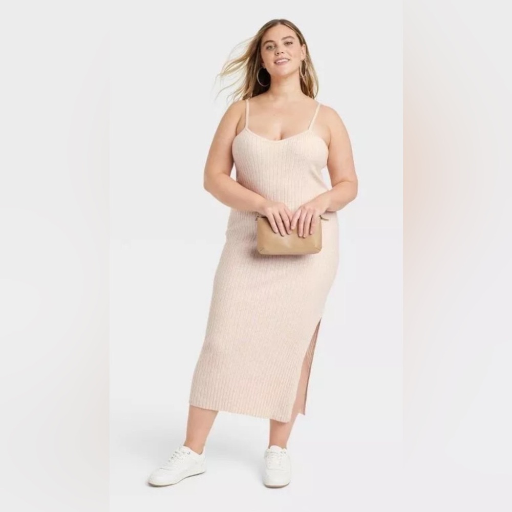 NWT Tan Wide-rib Knit Midi Cami Dress, Beachy, Stretchy, size M